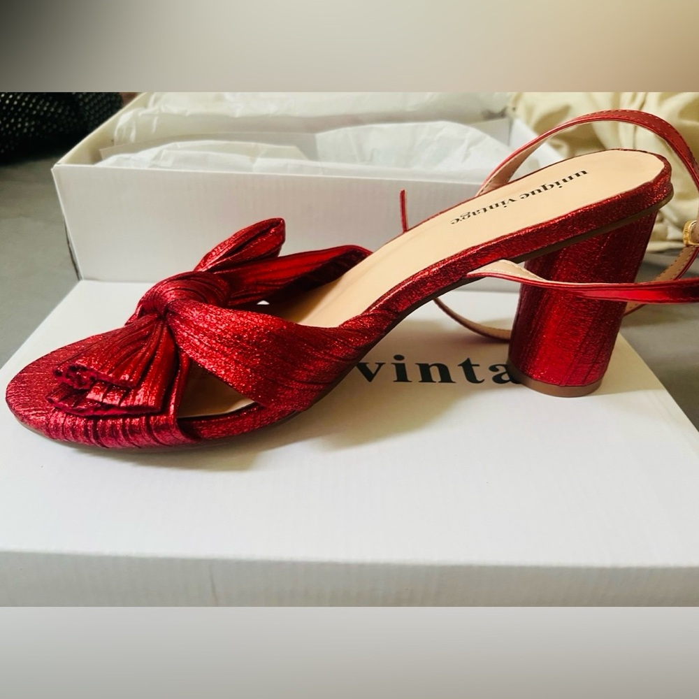 Unique Vintage Ruby Red Slingback Bow Retro Heels, Size 7, New in Box! - Picture 14 of 16
